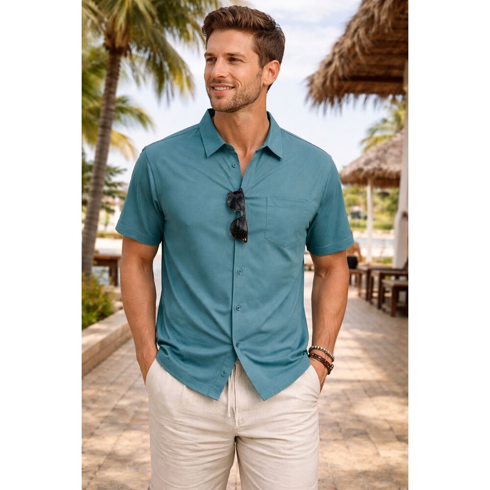 NWT Mens M Teal Button Up Shirt Short Sleeve Stretch Casual Summer Beach Resort
